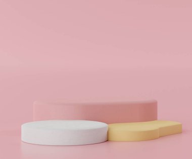 Üç boyutlu geometrik formlar. Podyumlu en küçük sahne. Boş platformlar, sahne, kaide ve model için dükkan önü. Ürün gösterimi için boş alan. Kozmetik reklamcılık için soyut bir arka plan. Temiz tasarım.