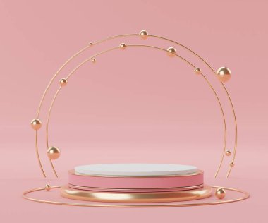 Üç boyutlu geometrik formlar. Mercan pembe renkli ve kemerli podyum. Moda gösterisi sahnesi, kaidesi, renkli temalı dükkan önü. Ürün sergisi için en küçük sahne. Kozmetik reklamcılık için soyut arkaplan.