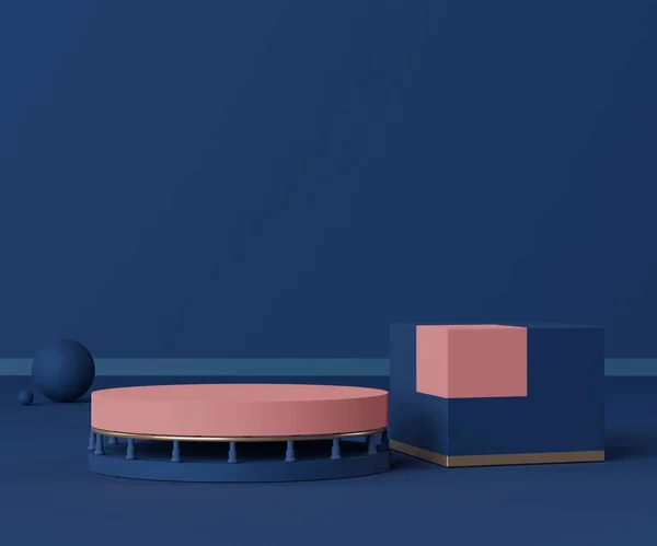 Boyutlu Geometrik Formlar Klasik Mavi Podyum Moda Gösterisi Sahnesi Kaidesi — Stok fotoğraf