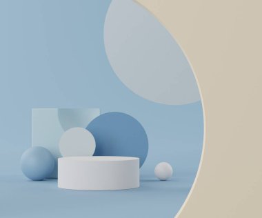 Üç boyutlu geometrik formlar. Podyumlu en küçük sahne. Boş platformlar, sahne, kaide ve model için dükkan önü. Ürün gösterimi için boş alan. Kozmetik reklamcılık için soyut bir arka plan. Temiz tasarım.