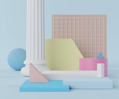Pastel temalı ürünlerin sergilenmesi için 3D canlandırma sahnesi. Temiz tasarımda kozmetik reklamcılığı için soyut boş arkaplan.