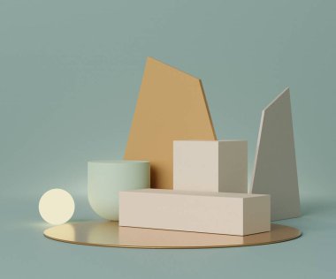 Üç boyutlu geometrik formlar. Model için boş podyum. Boş moda gösterisi sahnesi, kaidesi, renkli renkte dükkan önü. Ürün sergisi için en küçük sahne. Kozmetik reklamcılık için soyut arkaplan.