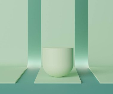 Üç boyutlu geometrik formlar. Yeşil doğa rengi ve kemer şeklinde podyum. Moda gösterisi sahnesi, kaidesi, renkli temalı dükkan önü. Ürün sergisi için en küçük sahne. Kozmetik reklamcılık için soyut arkaplan.