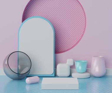 Model için boş kutu podyumunun 3D görüntüsü. Boş moda gösterisi sahnesi, kaidesi, renkli renkte dükkan önü. Ürün sergisi için en küçük sahne. Kozmetik reklamcılık için soyut stand arka planı.