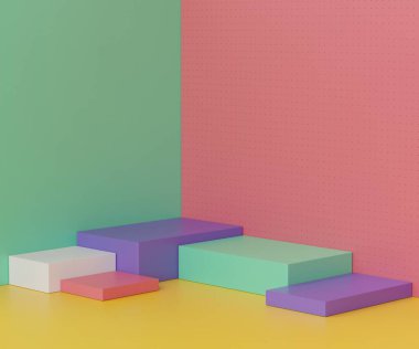 Pastel renkte boş podyumun 3D görüntüsü. Boş kaide ve temiz tasarımı olan dükkan önü. Ürün sergisi için en küçük sahne. Kozmetik reklamcılık için soyut stand arka planı.