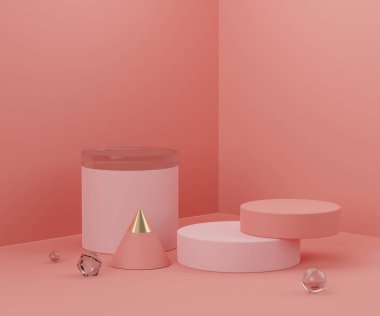 Üç boyutlu geometrik formlar. Mercan pembe renkli ve kemerli podyum. Moda gösterisi sahnesi, kaidesi, renkli temalı dükkan önü. Ürün sergisi için en küçük sahne. Kozmetik reklamcılık için soyut arkaplan.