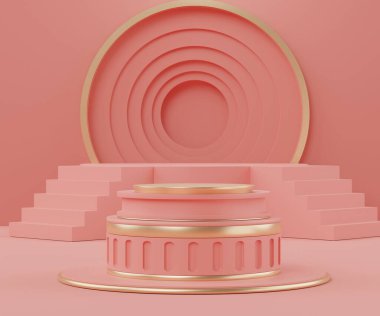 Üç boyutlu geometrik formlar. Mercan pembe renkli ve kemerli podyum. Moda gösterisi sahnesi, kaidesi, renkli temalı dükkan önü. Ürün sergisi için en küçük sahne. Kozmetik reklamcılık için soyut arkaplan.