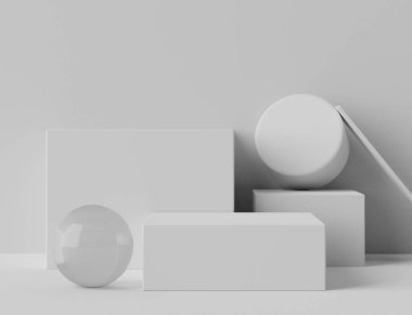 Boş kutu podyumunun mermer beyaz renginde 3D görüntüsü. Boş kaide ve temiz tasarımı olan dükkan önü. Ürün sergisi için en küçük sahne. Kozmetik reklamcılık için soyut stand arka planı.