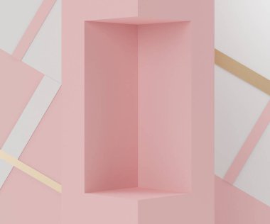 Üç boyutlu geometrik formlar. Mercan pembesi renkli boş bir podyum. Moda gösterisi sahnesi, kaidesi, renkli temalı dükkan önü. Ürün sergisi için en küçük sahne. Kozmetik reklamcılık için soyut arkaplan.