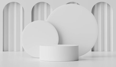 3 boyutlu geometrik şekiller oluşturuluyor. Beyaz mermer renkli boş podyum. Sunum için minimalist kaidesi ya da vitrin sahnesi. Kozmetik reklamcılık için soyut arkaplan.
