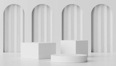 3 boyutlu geometrik şekiller oluşturuluyor. Beyaz mermer renkli boş podyum. Sunum için minimalist kaidesi ya da vitrin sahnesi. Kozmetik reklamcılık için soyut arkaplan.