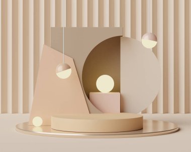 Üç boyutlu geometrik formlar. Pastel renkli boş podyum görüntüsü. Sunum için minimalist kaidesi ya da vitrin sahnesi. Kozmetik reklamcılık için soyut arkaplan.