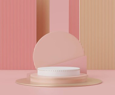 Ürünler ve kozmetik sunumu için boş podyumun soyut arkaplanı ve maketi. Minimum geometri şekilli pembe mercan rengi kaidesi ya da vitrin. Renkli sahne. 3d oluşturma