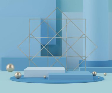 Ürünler ve kozmetik sunumu için boş podyumun soyut arkaplanı ve maketi. Boş kaidedeki mavi renkler ya da minimum geometri şekilli vitrin. Renkli sahne. 3d oluşturma