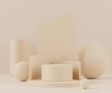 Ürünler ve kozmetik sunumu için boş podyumun soyut arkaplanı ve maketi. Pastel krem rengi kaidesi ya da minimum geometri şekilli vitrin. Renkli sahne. 3d oluşturma