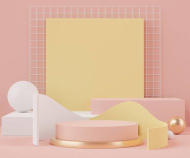 Ürünler ve kozmetik sunumu için boş podyumun soyut arkaplanı ve maketi. Minimum geometri şekilli pembe mercan rengi kaidesi ya da vitrin. Renkli sahne. 3d oluşturma