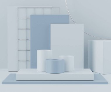 Ürünler ve kozmetik sunumu için boş podyumun soyut arkaplanı ve maketi. Boş kaidedeki mavi renkler ya da minimum geometri şekilli vitrin. Renkli sahne. 3d oluşturma