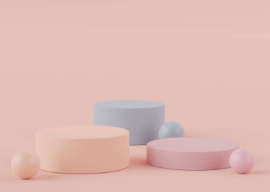 Pastel renginin 3d görüntülenmesi, maket için podyum veya kaideyi ve soyut basit geometrik şekillere sahip ürünleri gösterir.