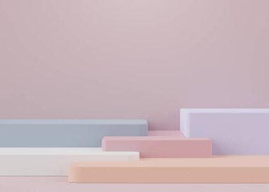 Pastel renginin 3d görüntülenmesi, maket için podyum veya kaideyi ve soyut basit geometrik şekillere sahip ürünleri gösterir.