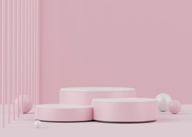 Pembe mercanların 3 boyutlu görüntülenmesi podyum ya da kaideyi taklit etmek için gösterir ve soyut basit geometrik şekillere sahip ürünler sunar..