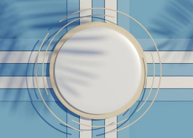 3d beyaz boş silindir çerçeve üst görünümünü maket için görüntüle ve palmiye yaprakları gölgeleri ve beyaz mavi arkaplan ile ürünleri görüntüle. Yaratıcı fikir kavramı.