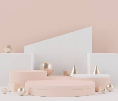 Ürünler ve kozmetik sunumu için boş podyumun soyut arkaplanı ve maketi. Pastel krem rengi kaidesi ya da minimum geometri şekilli vitrin. Renkli sahne. 3d oluşturma