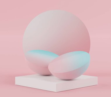 Pembe mercanların 3 boyutlu görüntülenmesi podyum ya da kaideyi taklit etmek için gösterir ve soyut basit geometrik şekillere sahip ürünler sunar..