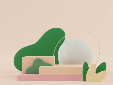 Ürünler ve kozmetik sunumu için boş podyumun soyut arkaplanı ve maketi. Pastel krem rengi kaidesi ya da minimum geometri şekilli vitrin. Renkli sahne. 3d oluşturma