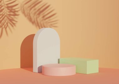 Ürünler ve kozmetik sunumu için boş podyumun soyut arkaplanı ve maketi. Palmiye yapraklarının gölgeli modern kaidesi ya da vitrini. Renkli sahne. Yaz zamanı. 3d oluşturma