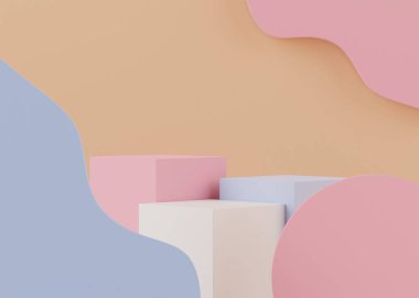 Üç boyutlu geometrik şekiller. Pastel renkli boş podyum görüntüsü. Sunum için minimalist kaidesi ya da vitrin sahnesi. Kozmetik reklamcılık için soyut bir arka plan. Temiz tasarım kavramı.