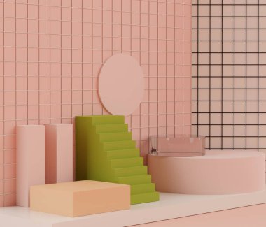 Üç boyutlu geometrik şekiller. Pastel renkli boş podyum görüntüsü. Sunum için minimalist kaidesi ya da vitrin sahnesi. Kozmetik reklamcılık için soyut bir arka plan. Temiz tasarım kavramı.