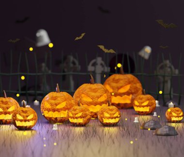 Parti daveti, sosyal medya ve maket için boş alanın soyut Cadılar Bayramı teması. Balkabakları Jack O 'Lantern, hayaletler ve uçan yarasalar. Gece sahnesi. 3d oluşturma