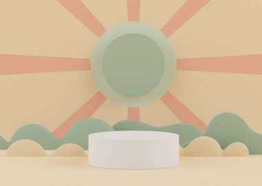 Kürsüde pastel renkli kemer sahneleri var. Model ve sunum için minimalist geometrik boş platform. Ticari ve kozmetik reklamcılık için soyut bir arka plan. 3B render Modern kavram.