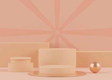 Kürsüde pastel renkli kemer sahneleri var. Model ve sunum için minimalist geometrik boş platform. Ticari ve kozmetik reklamcılık için soyut bir arka plan. 3B render Modern kavram.