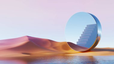 Pastel çöl manzarasında merdiveni olan 3 boyutlu gerçek üstü ayna dairesi.