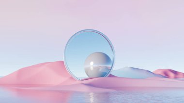 3D görüntüleme, gerçeküstü minimum manzara yansıtıcı küre içinde Pastel Hills 'te şeffaf halka