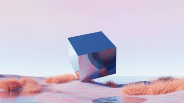 3D canlandırma, yansıtıcı cam küple gerçeküstü soyut çöl manzarası