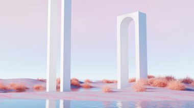Çölde yüksek beyaz kemer yapıları olan 3D, gerçeküstü, soyut bir manzara