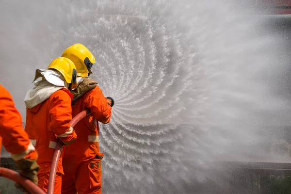 Dos Valientes Bomberos Que Utilizan Extintor Agua Manguera Para Lucha —  Fotos de Stock
