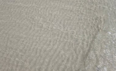 Güzel, berrak deniz suyunu, berrak deniz suyunu, şeffaf suyu, küçük kum dalgalarını, tropikal yaz sahili görüntüsünü görene kadar.