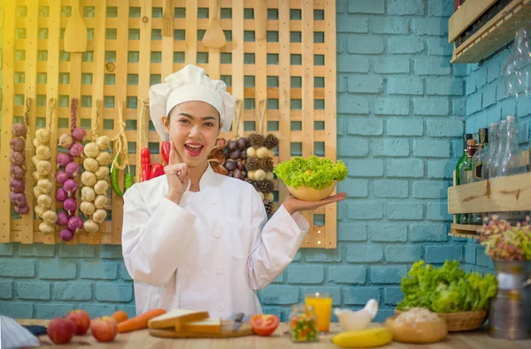 Young Female Chef Holding Bowl Organic Vegetables Ingredients Cooking Kitchen — Stock Photo, Image