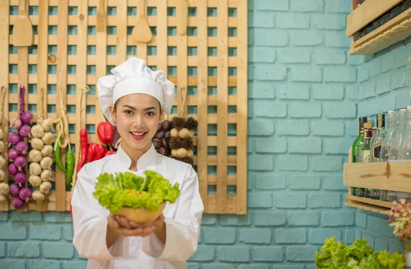 Young Female Chef Holding Bowl Organic Vegetables Ingredients Cooking Kitchen — Stock Photo, Image