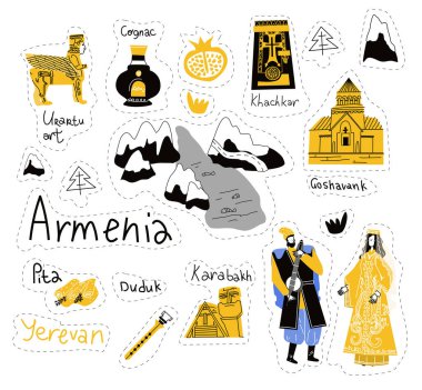 Ermenistan simgeleri çıkartma koyuyor. Erevan yolculuğu bir dönüm noktası. Semboller ülkesi. Çıkartma tasarımı. Davetiye için karalama öğeleri, tebrik kartı, afiş. İzole vektör illüstrasyonu.
