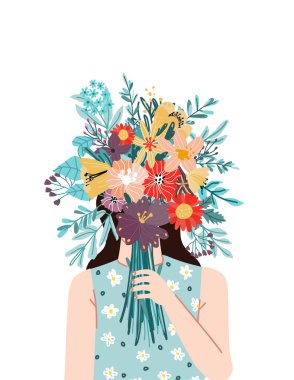 Buketleri tutan eller ya da çiçek demetleri. Çiçeksel dekoratif tasarım elementleri beyaz arka planda izole edilmiş. Zarif yaz hediyeleri. Düz vektör illüstrasyonu.