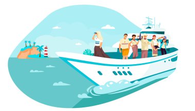  Yat gemisi yolcu gemisi karakterleri karikatür düz stil kompozisyonu Kaptan Cook hostes denizci izole vektör çizimi