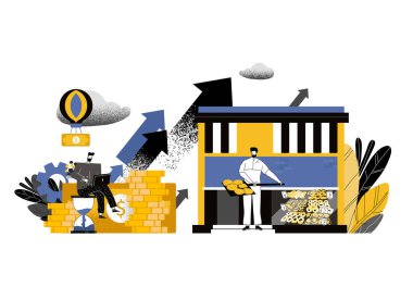 Teminatsız olarak bankadan kredi alan yol kenarı pastanesi. İş geliştirmek ve girişimcilere ve sahiplerine yardım etmek için borç al. Küçük işletme kredileri. İniş sayfası web sitesi için vektör düz illüstrasyon kavramı