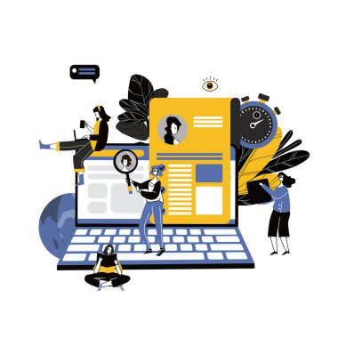 Formu küçük insanlar dolduruyor, modern web pankartları, bilgi grafikleri, web siteleri, basılı ürünler, özgeçmişleri dolduruyor, çalışanları işe alıyor. Düz biçim vektör illüstrasyonu