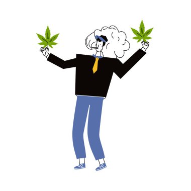Adam tıbbi marihuana kullanıyor ve elleriyle bir işaret yapıyor. Elinde Ganja çarşafları var. İnsanlar esrar kullanır, erkek karakter rahatlar.