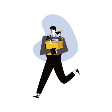 İşveren tarafından kovulan üzgün adamın karikatür düz çizimi. Ekonomik kriz ve işsizlik nedeniyle depresyona giren çocuk.