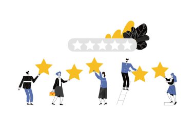 Beş yıldızlı vektör karikatür çizimi değerlendirme kavramını tatmin ediyor. İnsanlar yıldızları kafalarının üstünde tutuyor. Kullanıcılar ve müşteri kullanıcıları ürünü değerlendirir. Beyaz arkaplanda küçük bir karakter.
